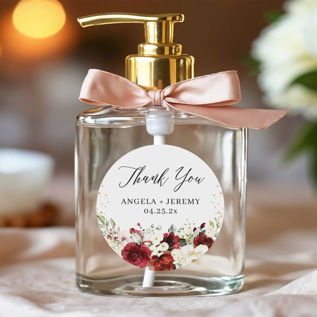 Pegatina Redonda Boda de Confetti de Oro Floral Blanca Roja Gracias (Subido por el creador)