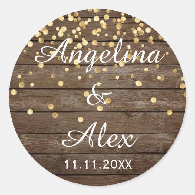 Pegatina Redonda Boda de Confetti Rustic Wood Gold Gracias (Anverso)