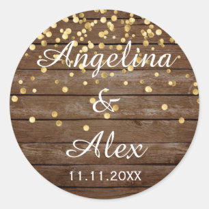 Pegatina Redonda Boda de Confetti Rustic Wood Gold Gracias