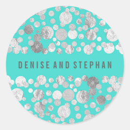 Pegatina Redonda Boda de Confetti verde azulado y plateado