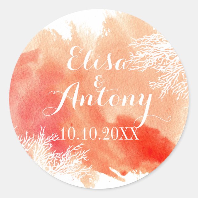 Pegatina Redonda Boda de coral de acuarela moderna Save the Date (Anverso)