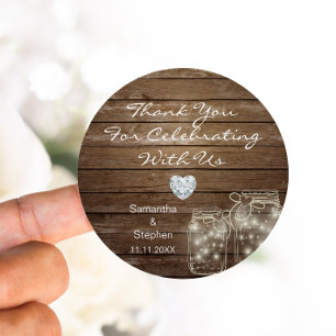 Pegatina Redonda Boda de Corazones de Madera Rústica Personalizada