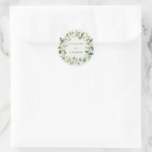 Pegatina Redonda Boda de Corona de Snowberry+Eucalipto Crema Elegan