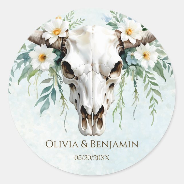 Pegatina Redonda Boda de cráneo de vaca floral de acuarela bohemia (Anverso)