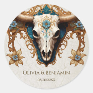 Pegatina Redonda Boda de cráneo floral de color de agua Art Nouveau