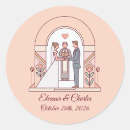 Pegatina Redonda Boda de Cuento de Art Deco