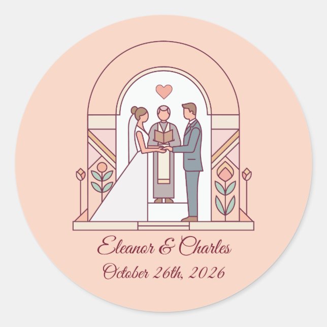 Pegatina Redonda Boda de Cuento de Art Deco (Anverso)