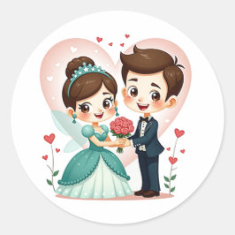 Pegatina Redonda Boda de cuento de hadas mágicas - Pareja Chibi