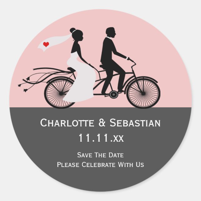 Pegatina Redonda Boda De Cute Tandem Bike Bride Y Groom (Anverso)