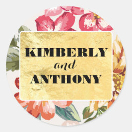 Pegatina Redonda boda de destino de playa tropical floral