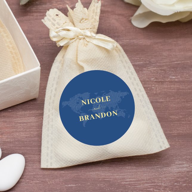 Pegatina Redonda Boda de destino del mapa del mundo azul (Blue World Map Destination Wedding Classic Round Sticker)