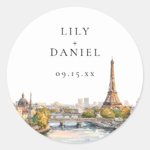 Pegatina Redonda Boda de destino en París Francia acuarela