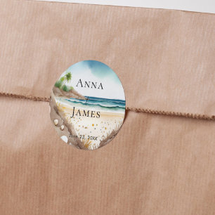 Pegatina Redonda Boda de destino tropical del océano marítimo de ve