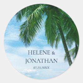 Pegatina Redonda Boda de destino tropical Palm Tree Beach