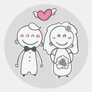 Pegatina Redonda Boda de dibujos animados rosa y gris de novia y no
