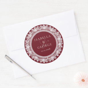 Pegatina Redonda Boda de dinero antiguo Burgundy Blanco Encaje Grac