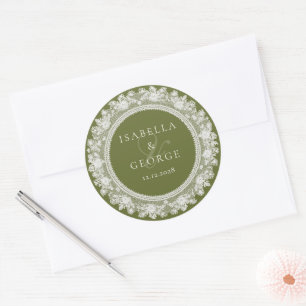 Pegatina Redonda Boda de dinero antiguo Oliva Verde Encaje Blanco G