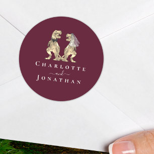 Pegatina Redonda Boda de Dinosaurio Burdeos y Crema Personalizada