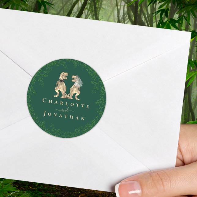 Pegatina Redonda Boda de Dinosaurio Verde Personalizada (T-Rex dinosaur wedding dark green custom sticker Watercolor eucalyptus foliage dino bride and groom )