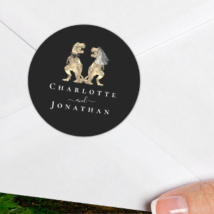 Pegatina Redonda Boda de dinosaurios blanco y negro personalizado