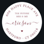 Pegatina Redonda Boda De Direcciones De Retorno De Guión Moderno<br><div class="desc">Sencillo y elegante boda redondo o etiqueta de dirección de retorno de compromiso en rojo burdeos profundo que incluye el texto "The Future Mrs. and Mr.", la dirección de retorno de las parejas en un elegante tipo de letra serif, el nombre familiar en un moderno tipo de caligrafía con remolinos...</div>