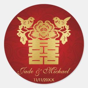 Pegatina Redonda Boda de doble felicidad de amor chino BIrds