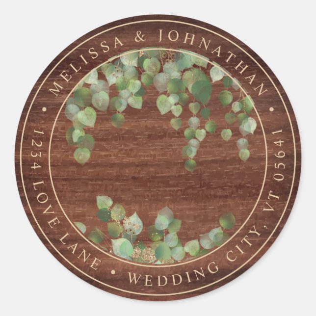 Pegatina Redonda Boda de ecología de eucalipto de madera rústica (Anverso)