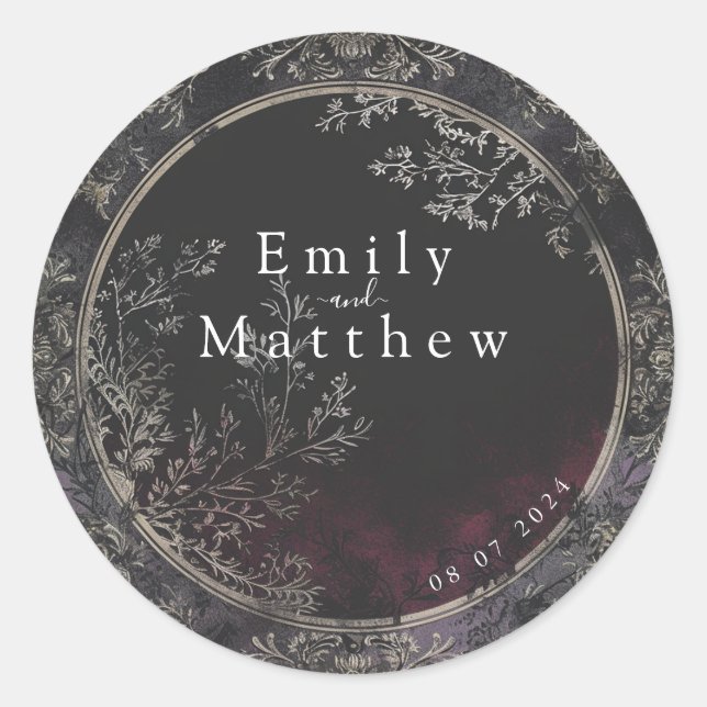 Pegatina Redonda Boda de Elegancia Gótica de Victoria (Anverso)