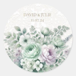 Pegatina Redonda Boda de encaje blanco floral Mint Green & Lavender