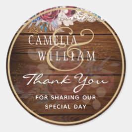 Pegatina Redonda Boda de encaje floral de color azul borgoñona y ru