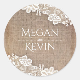 Pegatina Redonda Boda de encaje vintage y burlap rústico
