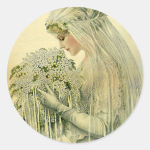 Pegatina Redonda Boda de época, retrato de novia victoriana