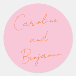 Pegatina Redonda Boda de escritura manuscrita moderna rosa y Naranj