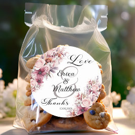 Pegatina Redonda Boda de escritura moderna con flores de boho rosad