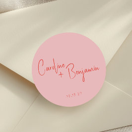 Pegatina Redonda Boda de escritura roja rosa de Boho moderno colori