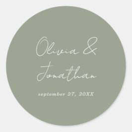Pegatina Redonda Boda de escritura verde simple mínima de sabio