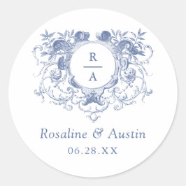 Pegatina Redonda Boda de Escudo de Leafy Floral Vintage Elegante
