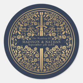 Pegatina Redonda Boda de espadas medievales azul