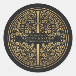 Pegatina Redonda Boda de espadas medievales Black Royal