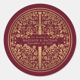 Pegatina Redonda Boda de espadas medievales de Red Royal