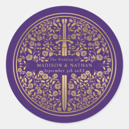 Pegatina Redonda Boda de espadas medievales Purple Royal
