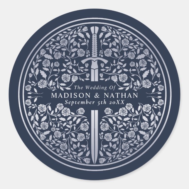 Pegatina Redonda Boda de espadas medievales Silver Blue Royal (Anverso)