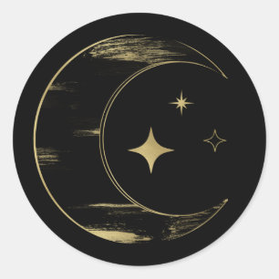 Pegatina Redonda Boda de estrellas lunares celestes negras y dorada