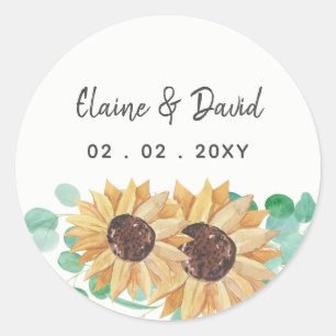 Pegatina Redonda Boda de eucalipto girasoles de vegetación rústica