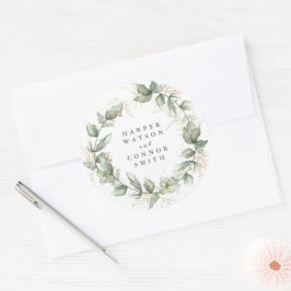 Pegatina Redonda Boda de Eucalyptus Emerald Monograma Botánico