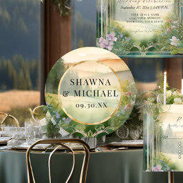 Pegatina Redonda Boda de fantasía elegante del bosque montañoso