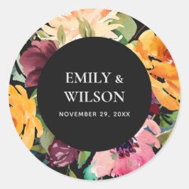 Pegatina Redonda Boda DE FLORAL BUNCH NARANJA AMARILLO DE RUBOR NEG