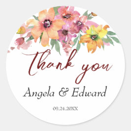 Pegatina Redonda Boda De Floras Amarillas, Naranjas Y Rosa