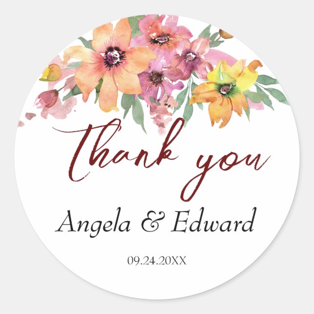 Pegatina Redonda Boda De Floras Amarillas, Naranjas Y Rosa (Anverso)