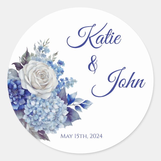 Pegatina Redonda Boda de flores azul acuarela - (Anverso)